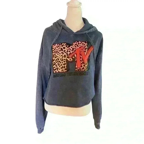 MTV Music Television Cropped Hoodie. Animal print Logo. Blue. Size M - Picture 1 of 7